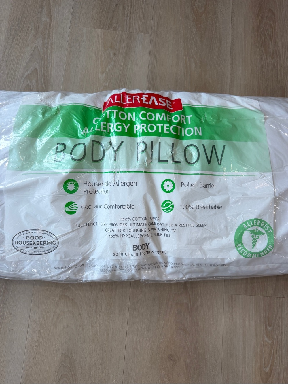 Allerease Cotton Comfort Allergy Protection Body Pillow, New - Picture 2 of 6